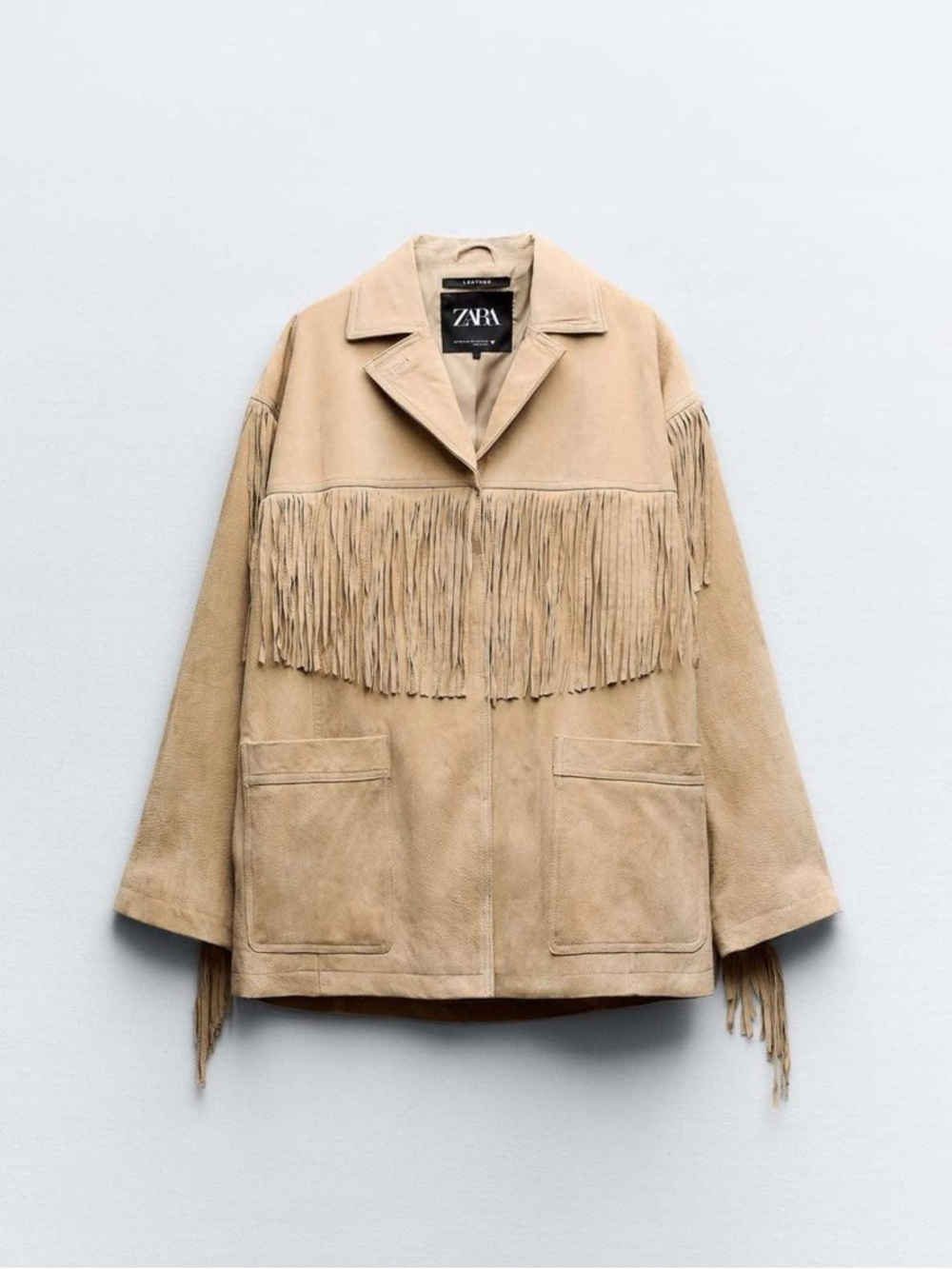 Zara Genuine Pig Suede Fringe Oversized Tan Jacket Western Boho Festival Sz XS-S